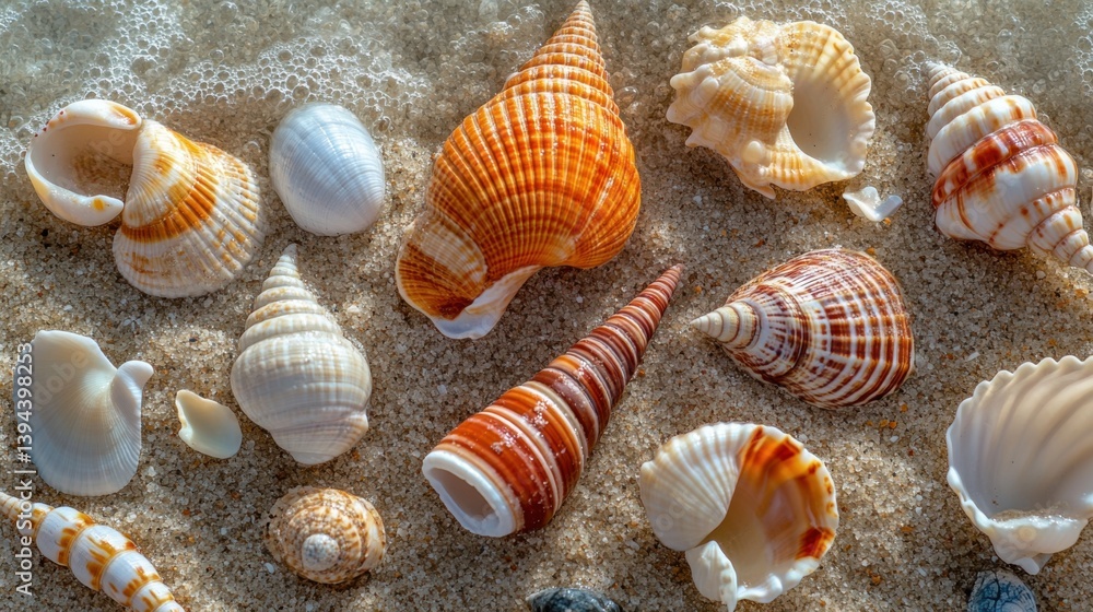 Poster a collection of colorful seashells scattered on sandy beach, reflecting sunlight and showcasing intr
