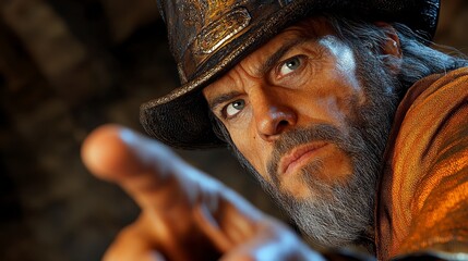 Close Up Portrait of Man with Beard and Hat Pointing