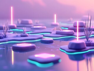 Abstract futuristic landscape with glowing neon rocks, calm water, and grass. Ideal for a digital art, design, or futuristic concept background