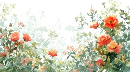 Obraz premium Orange Roses and Green Leaves Watercolor Painting