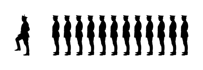 Army general officer in uniform against troops saluting vector silhouette isolated. Russian marshal. Patriot soldier military commander. Marsh ceremonial procession. Military parade brave hero man.