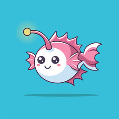 Cute Anglerfish Swimming In Ocean Cartoon Vector Icon Illustration. Animal Nature Icon Concept Isolated Premium Vector. Flat Cartoon Style