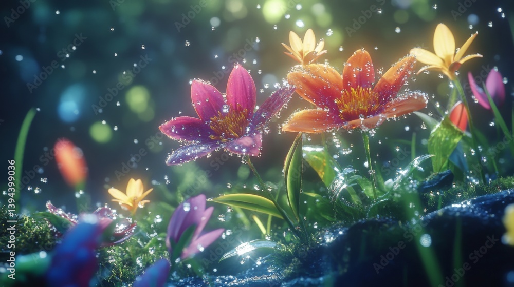 Poster a serene scene of a cluster of colorful wildflowers covered in morning dew, with droplets reflecting