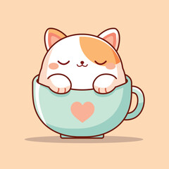 Cute cartoon vector icon illustration of a chubby cat sleeping in a teacup. Animal Nature Icon Concept Isolated Premium Vector. Flat Cartoon Style
