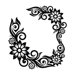 Floral Ornament Abstract Black Flowers, Swirls, and Leaves in a HalfCircle Design