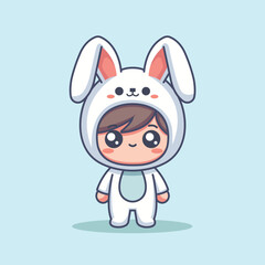 Cute Kid Wearing Rabbit Costume Cartoon Vector Icon Illustration. People Animal Icon Concept Isolated Premium Vector. Flat Cartoon Style