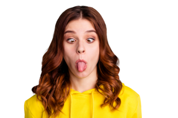 Close up photo of wavy foolish funky funny charming girlish youngster showing her tongue staring at stick out isolated over teal vibrant color background