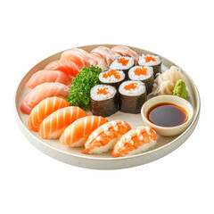 Sushi Plate with Various Seafood Delights Isolated on White Background