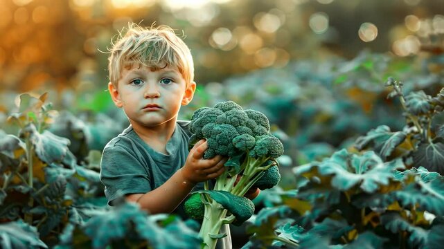 a child is picking broccoli. Selective focus