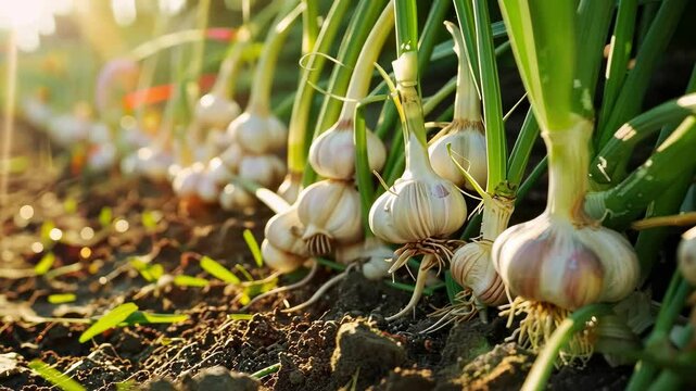 a man harvests garlic on the plot. selective focus