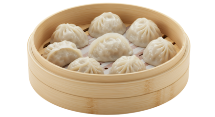 Delicious steamed dumplings in bamboo steamer with soft texture and clean presentation