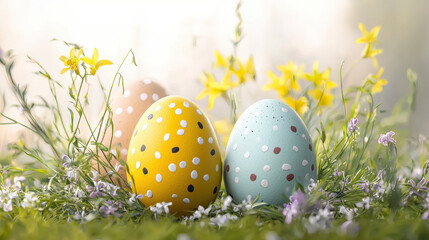 Three beautifully decorated Easter eggs led amongst vibrant yellow and purple sp flowers in a bed of lush green grass perfectly represent the joyous Easter season.