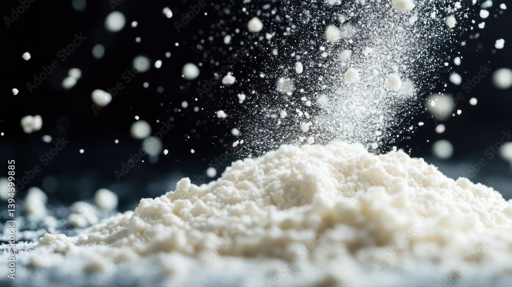 Poster a close-up image of fine white powder being sprinkled, creating a dynamic and textured visual effect