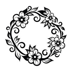 Floral Wreath Design Black & White Flowers, Leaves, Vines, Botanical Circle Element