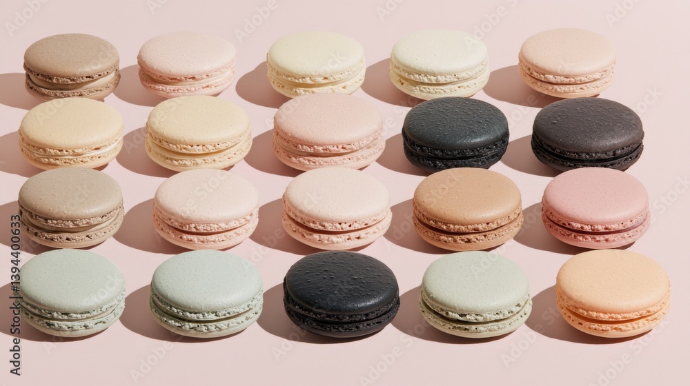 Poster A set of macarons in pastel shades placed in a grid pattern on a light pink background, creating a pleasing visual contrast of colors and textures.