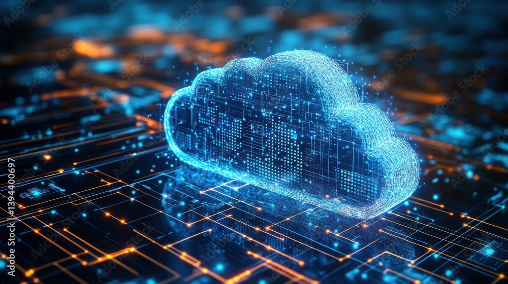 Poster a digital cloud symbolizing cloud computing, surrounded by a network of glowing circuits and data li
