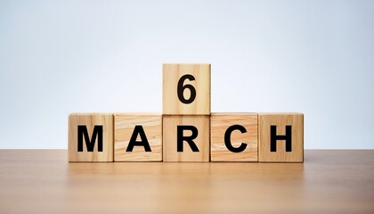 Minimalist photo of a wooden blocks with date 6 March. Day and month, calendar on white background