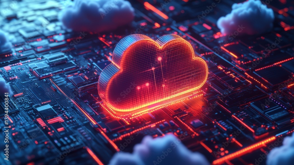 Poster a digital cloud symbol illuminated by neon lights on a circuit board, representing cloud computing a