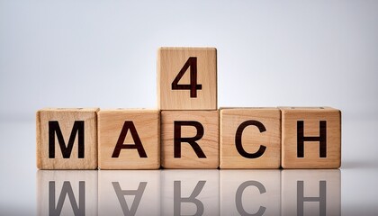 Minimalist photo of a wooden blocks with date 4 March. Day and month, calendar on white background