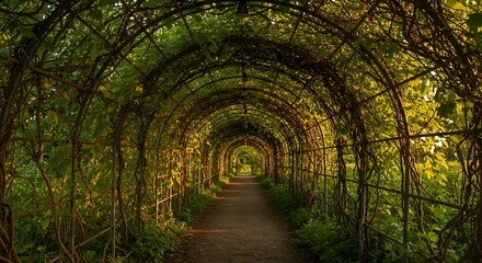 Obraz premium Walking Through Vine Tunnel in Garden with Sunlight and Pathway