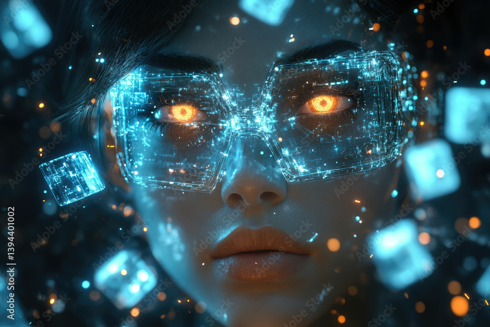 Poster futuristic woman wearing digital glasses with glowing eyes, surrounded by floating data cubes in a d