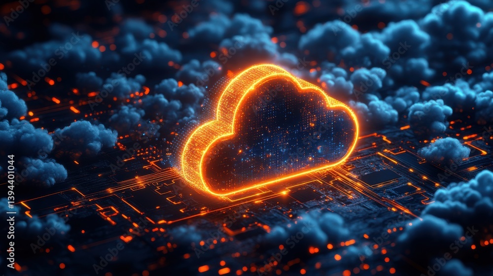 Aufkleber a vibrant digital cloud symbol surrounded by glowing circuitry and clouds, representing cloud comput