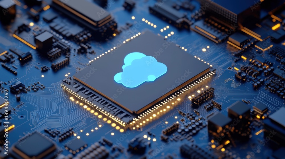 Poster a close-up view of a blue cloud icon on a microprocessor, symbolizing cloud computing technology and