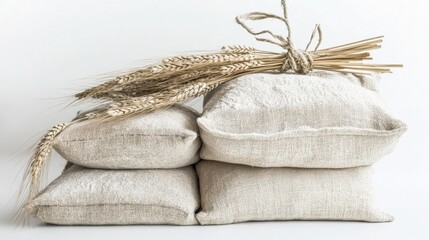 Rustic Linen Bags Stacked with Wheat Bundles for Natural Decorative Accent
