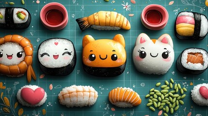 A colorful arrangement of cute, cartoonish sushi characters and rolls, showcasing an artistic and playful take on traditional sushi.