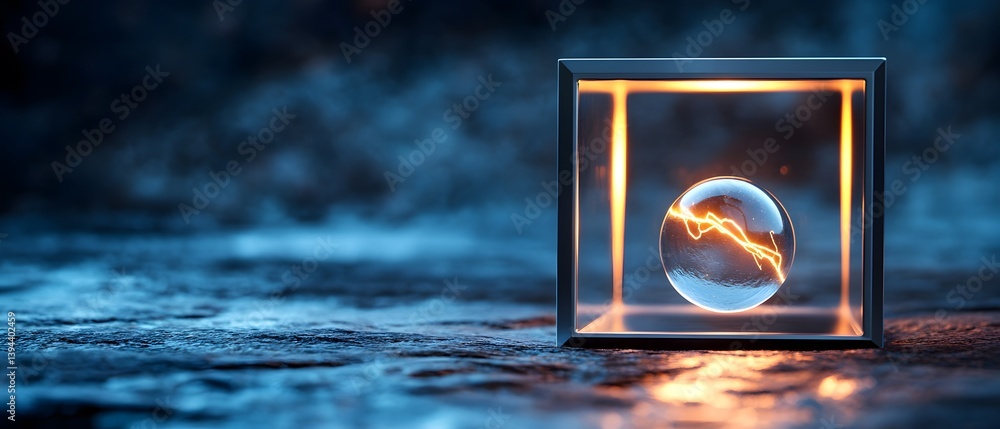 Poster a glowing orb with a lightning bolt inside, encased in a transparent cube