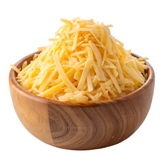 Heap of delectable shredded cheese on wooden bowl on white background