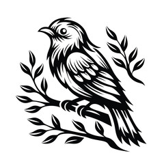 Minimalist black bird illustration, perched on branch, detailed feather, monochrome flora