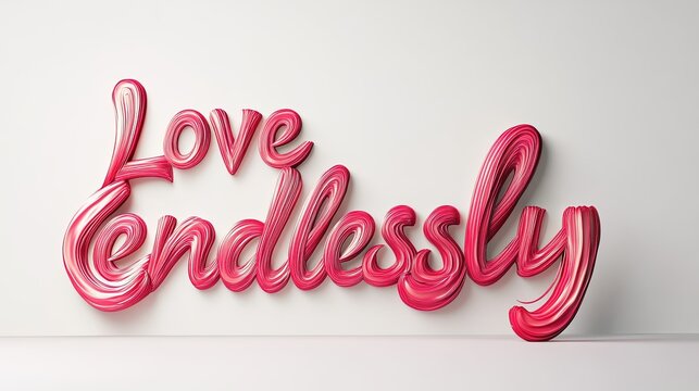 "Love endlessly" lettering calligraphy text, elegant cursive 3D, minimalist, modern, on white background 