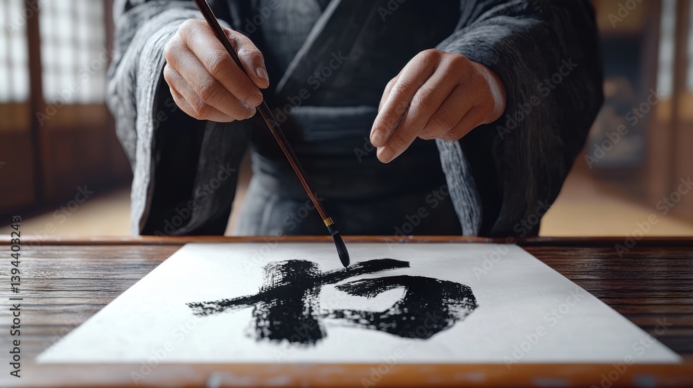 Poster a skilled artist practices calligraphy, using a brush to create elegant characters on paper in a ser