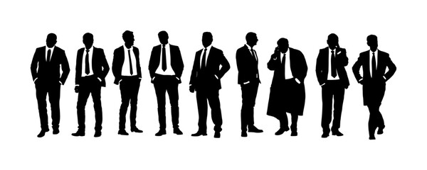 Business people with hand in pocket vector silhouette isolated. Handsome man suite tie. Elegant male busy manager shape. Yuppie businessman meeting with client out office. Contract deal communication.