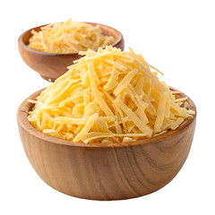 Heap of delectable shredded cheese on wooden bowl on white background