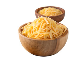 Heap of delectable shredded cheese on wooden bowl on white background