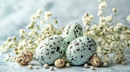Obraz premium Pastel blue speckled Easter eggs rest amongst delicate white baby's breath flowers on a textured blue surface creating a sp-like festive scene perfect for Easter cards or