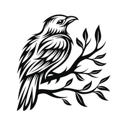 Stylized Black Bird on Branch, Isolated Wildlife with Detailed Feather & Leaf Design