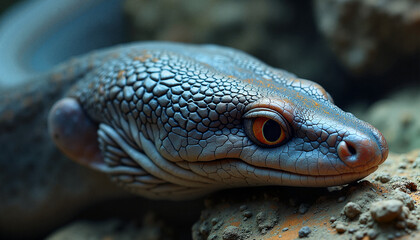Close-up of a colorful lizard resting on rocks  