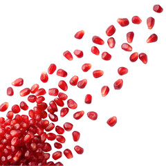 Falling pomegranate seeds isolated on white background. Top view.