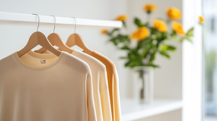 Cozy Sweaters Hanging on Rack with Yellow Flowers in Background