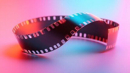 A vibrant film strip curls gracefully against a colorful backdrop, showcasing a blend of light and shadow, evoking a sense of creativity and nostalgia.