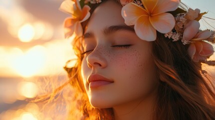 Fototapeta premium Serene Beauty of a Young Woman with Flower Crown at Sunset Beach