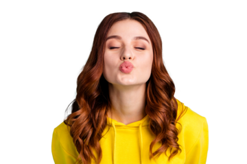 Photo of cute nice beautiful tender soft youngster kissing you through camera with eyes closed inspired facial expression isolated over turquoise bright color background