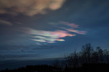 Nacreous clouds in the sky over the Finnish town of Lahti on December 17, 2023. An unusual natural phenomenon in the form of rainbow-colored clouds.