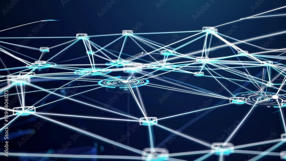 Poster complex network visualization showing interconnected nodes and data packets traversing a digital spa