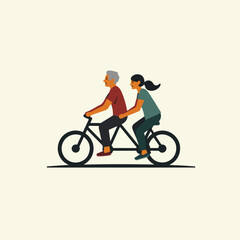 Fototapeta premium Older man and younger woman ride tandem bike. Symbolizes partnership, cooperation, shared journey, maybe intergenerational relationship. Flat vector