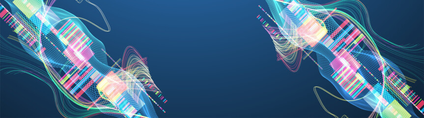 Abstract data waveform background with dynamic lines, grids, and color bars. Vector illustration.