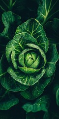 Fototapeta premium Close Up Of Fresh Savoy Cabbage With Water Droplets Growing In Dark Soil, Vibrant Green Leaves